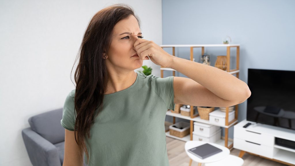 Woman holding her nose, indicating a bad smell in the house.