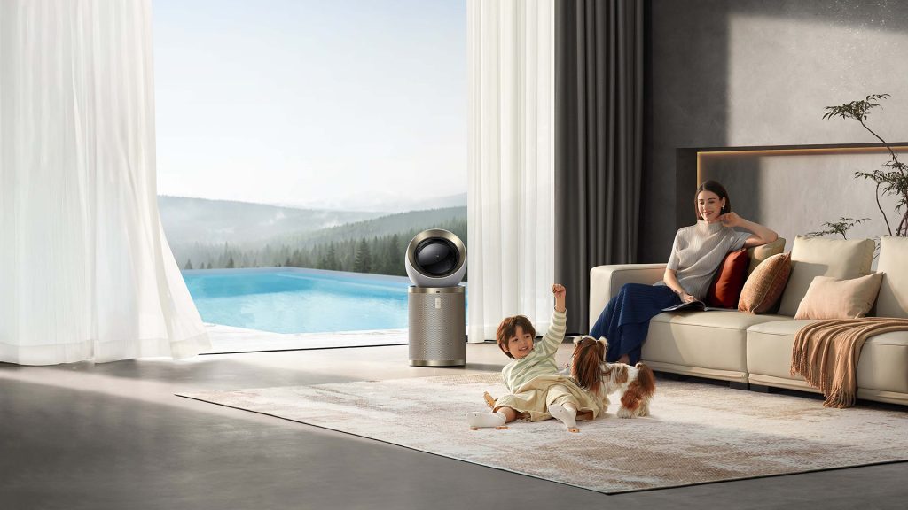 Family and pet enjoying clean air with a air purifier in a modern living room.